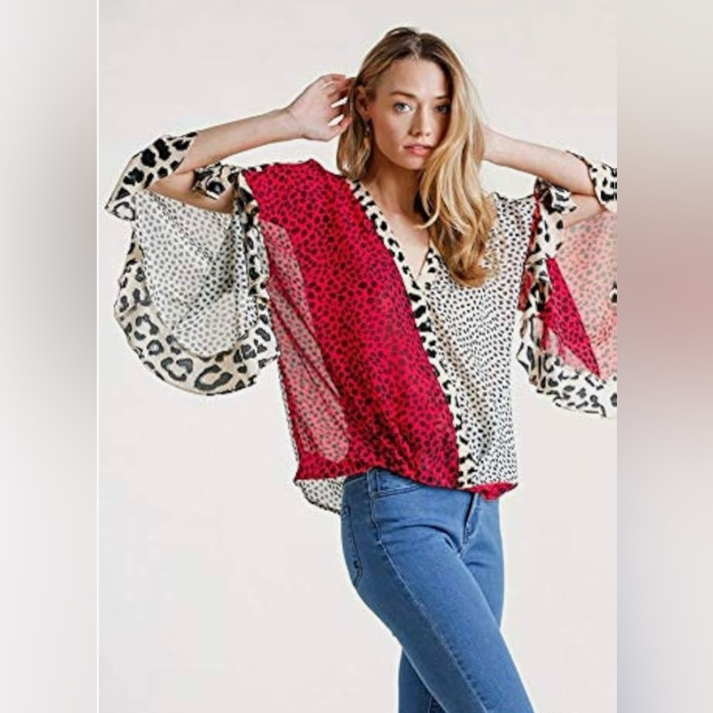 Umgee Red Cream and Black Patterned Top